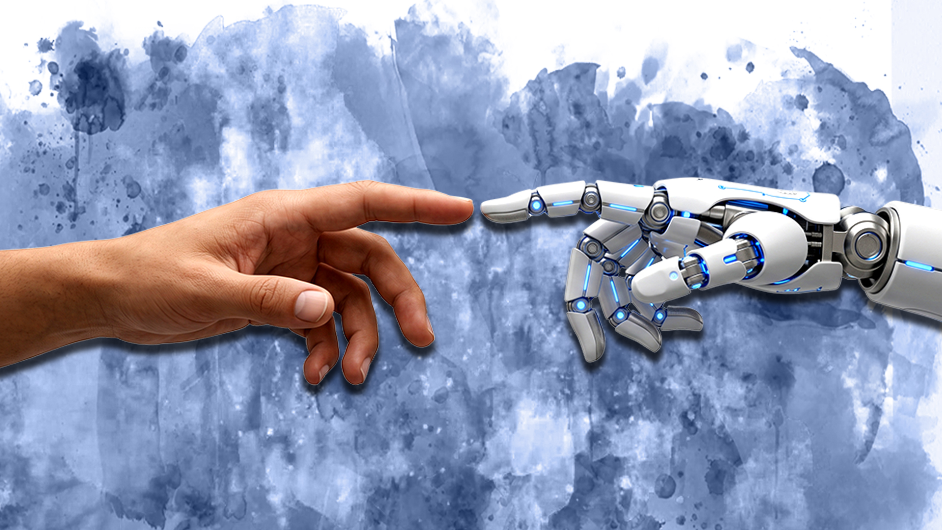 Eine Menschenhand und eine Roboterhand treffen aufeinander.