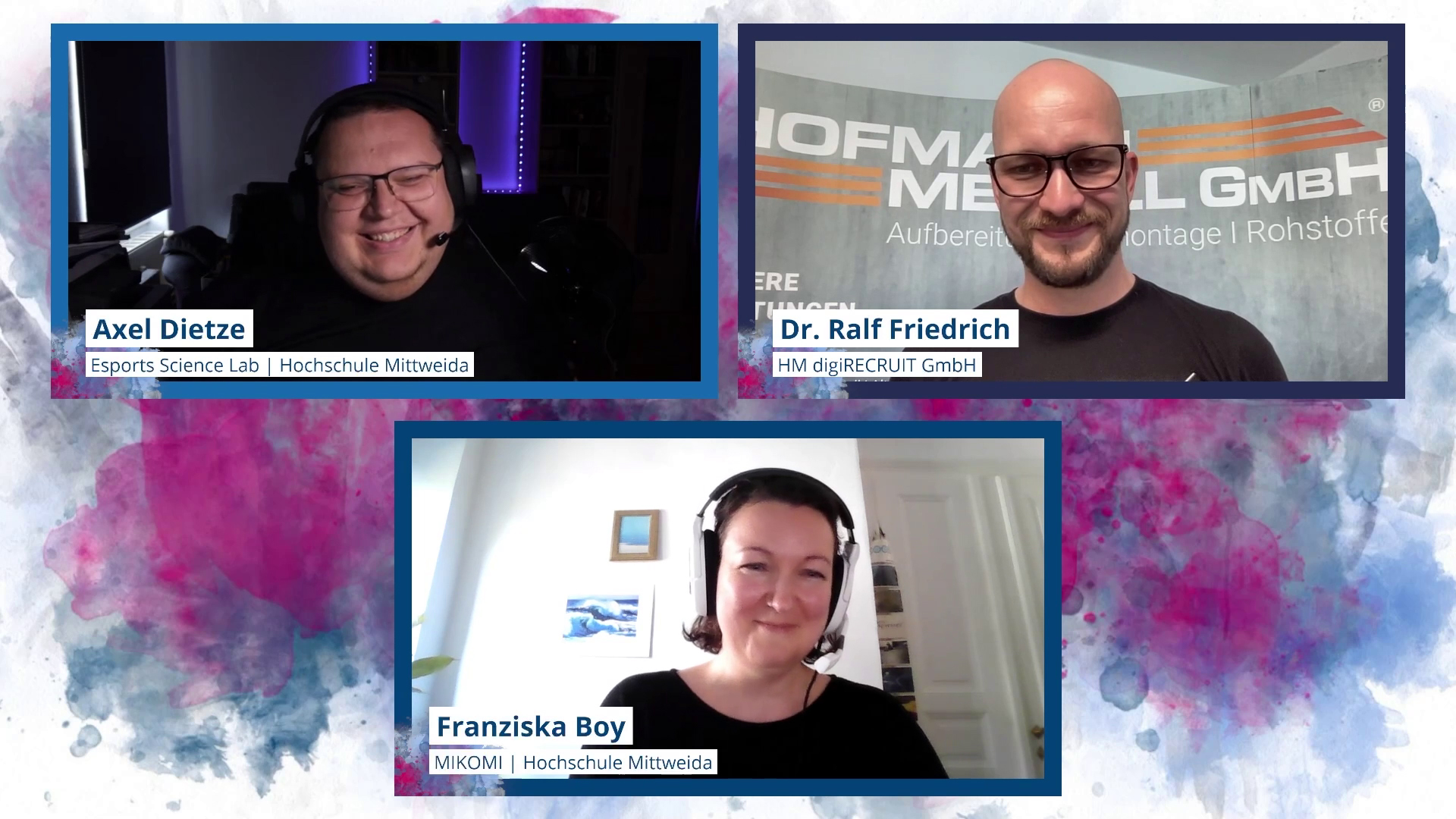 Screenshot der Referenten und der Moderation beim Wissenslunch Gaming für Unternehmen