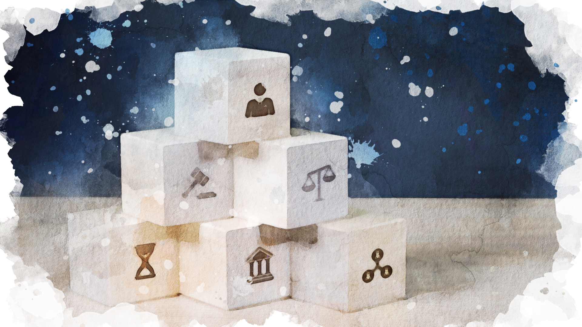 Symbolbild f&uuml;r Arbeitsrecht: Holzw&uuml;rfel auf denen verschiedene rechtliche Symbole abgebildet sind.