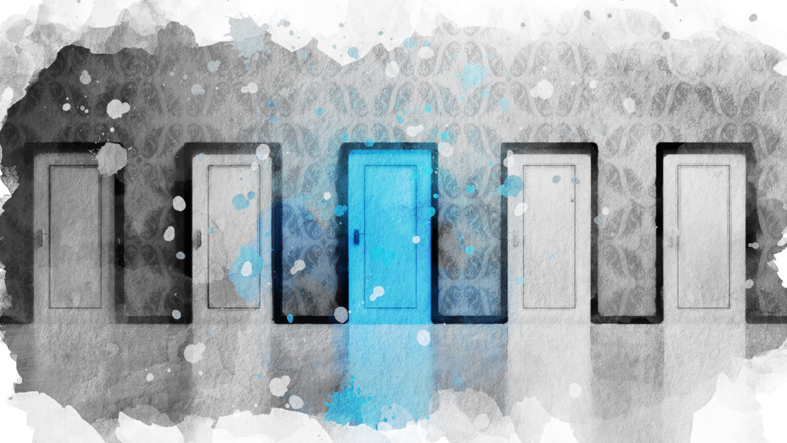 Sinnbild f&uuml;r Markenbildung, 5 T&uuml;ren von denen eine farbig heraussticht.