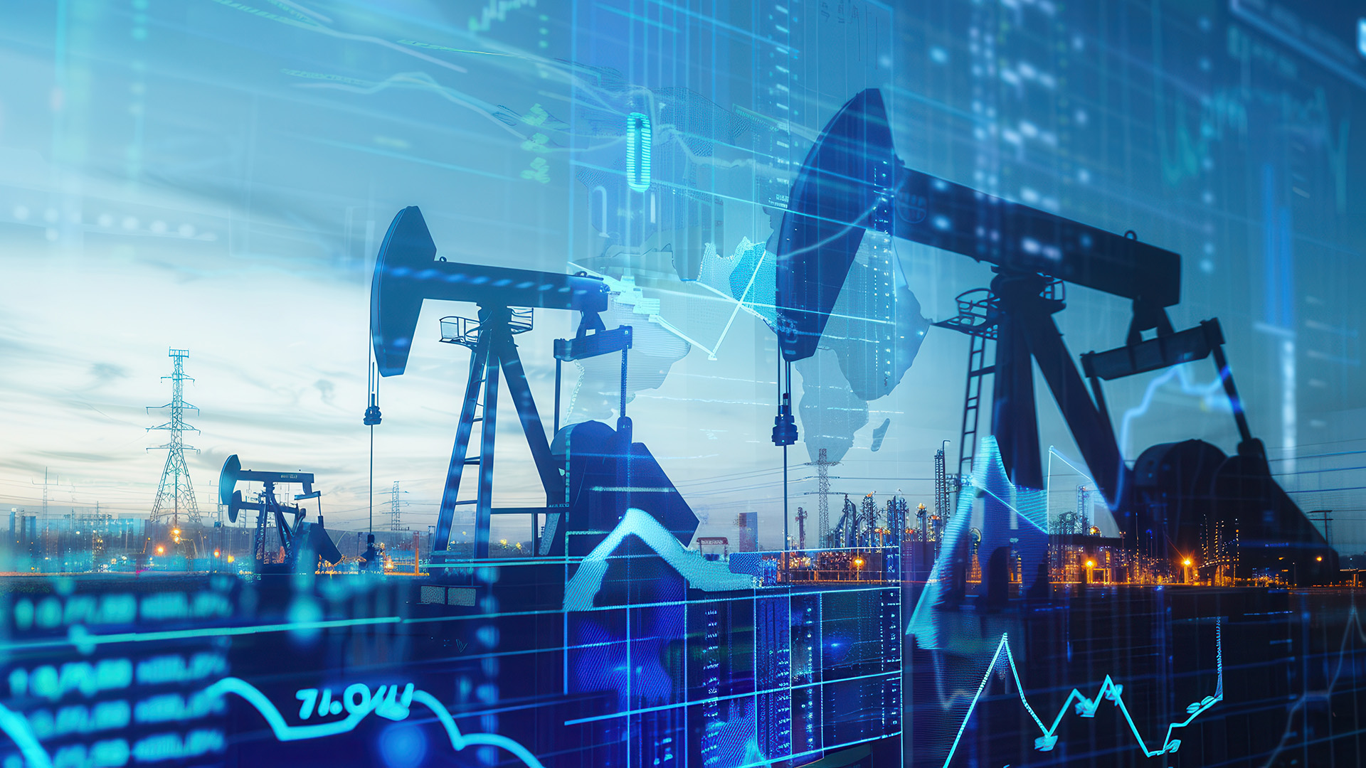 Silhouetten von &Ouml;lpumpen auf einem Feld werden von digitalen Bildschirmen &uuml;berlagert, auf denen Finanzdiagramme angezeigt werden, die steigende Energiepreise darstellen. 