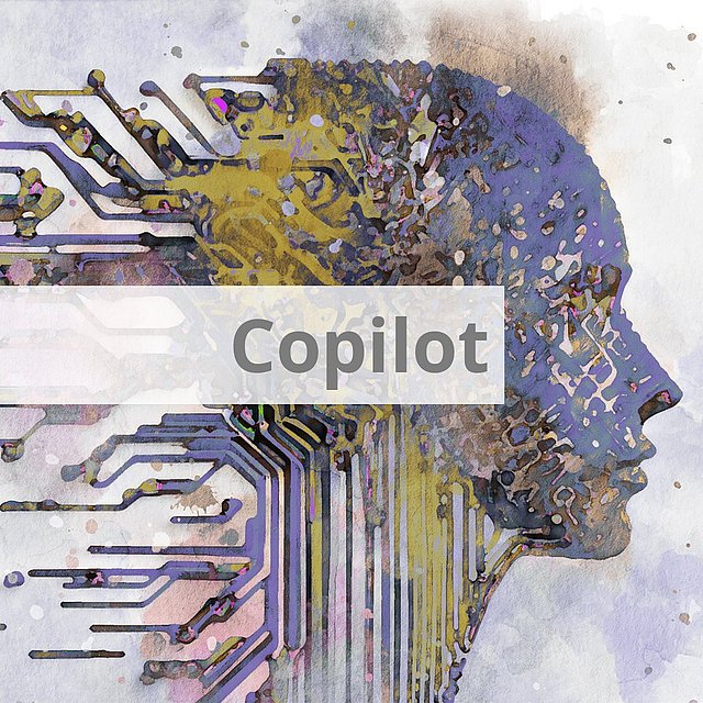Ein digitaler Kopf mit der Aufschrift "Copilot".